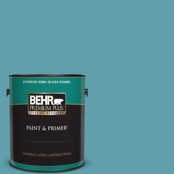 BEHR PREMIUM PLUS 1 gal. #BIC-53 Turquoise Semi-Gloss Enamel Exterior Paint & Primer