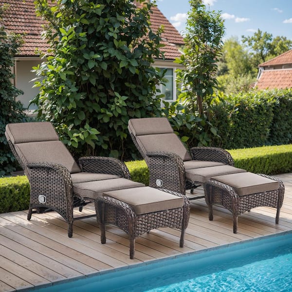 PlainCurve 4-Piece Brown Wicker Outdoor Recliner Chairs Patio Conversation Set with Olefin Gray Cushions and Ottomans