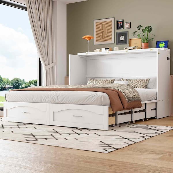 White Wood Frame Queen Murphy Bed with Drawer and a Set of Sockets and USB Ports, Pulley Structure Design