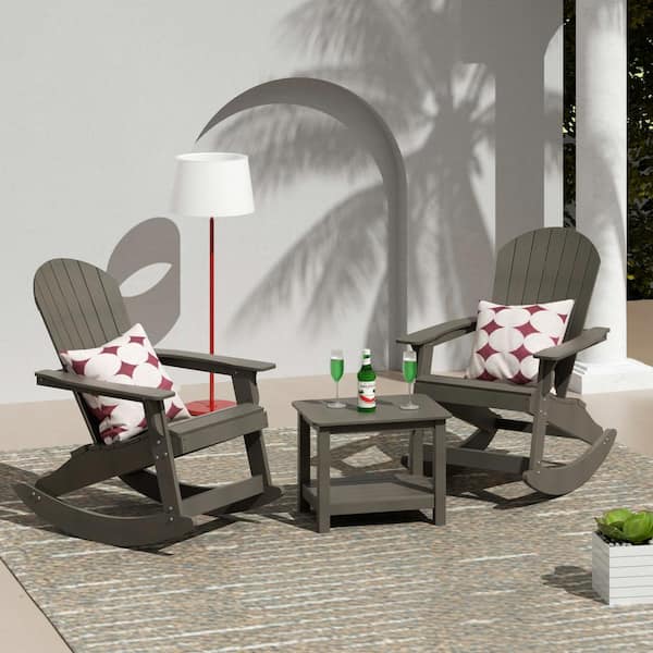 WESTIN OUTDOOR Vineyard Charcoal Gray Outdoor Patio HDPE Plastic Rocking Chair with Square Side Table 3-Piece Set