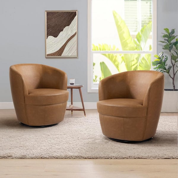 Minimalistic Light Brown PU Leather Swivel Barrel Arm Chair with Metal Base (Set of 2)