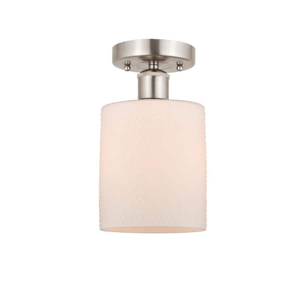 Innovations Cobbleskill 5 in. 1-Light Brushed Satin Nickel, Matte White Semi-Flush Mount with Matte White Glass Shade