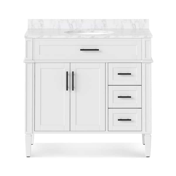 Hampton 36 in. W x 21.5 in. D x 35 in. H Single Sink Freestanding Bath Vanity in White with White Carrara Marble Top