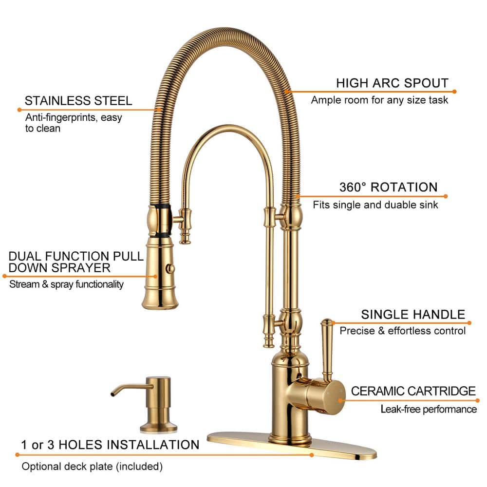 Brushed Gold Single Handle Pull Down Kitchen Faucet with Soap Dispenser