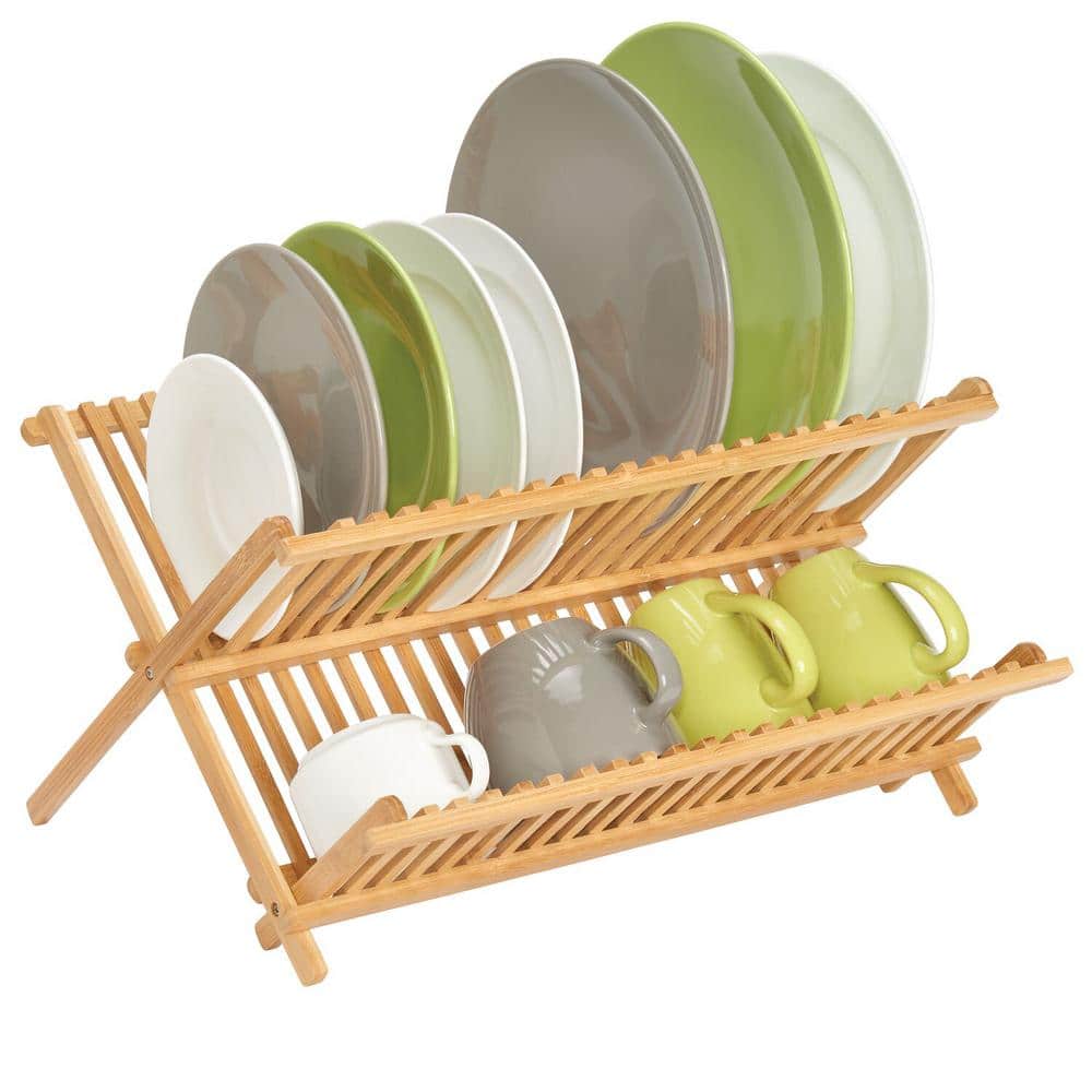 iDesign Bamboo Foldable Two-Tier Dish Drying Rack