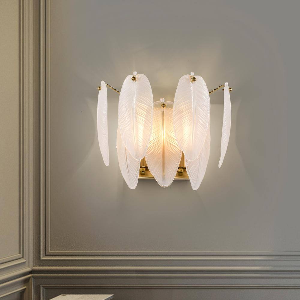 Ada 10.2 in. 2-Light Brushed Shiny Brass Feather-shaped Glass Wall Sconce price history on PriceWatchPro