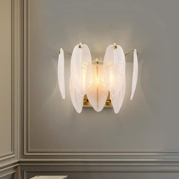 Ada 10.2 in. 2-Light Brushed Shiny Brass Feather-shaped Glass Wall Sconce