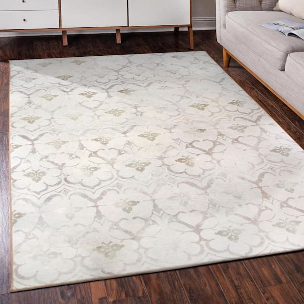 Leilani Damask Ivory 5 ft. x 7 ft. Machine Washable Area Rug