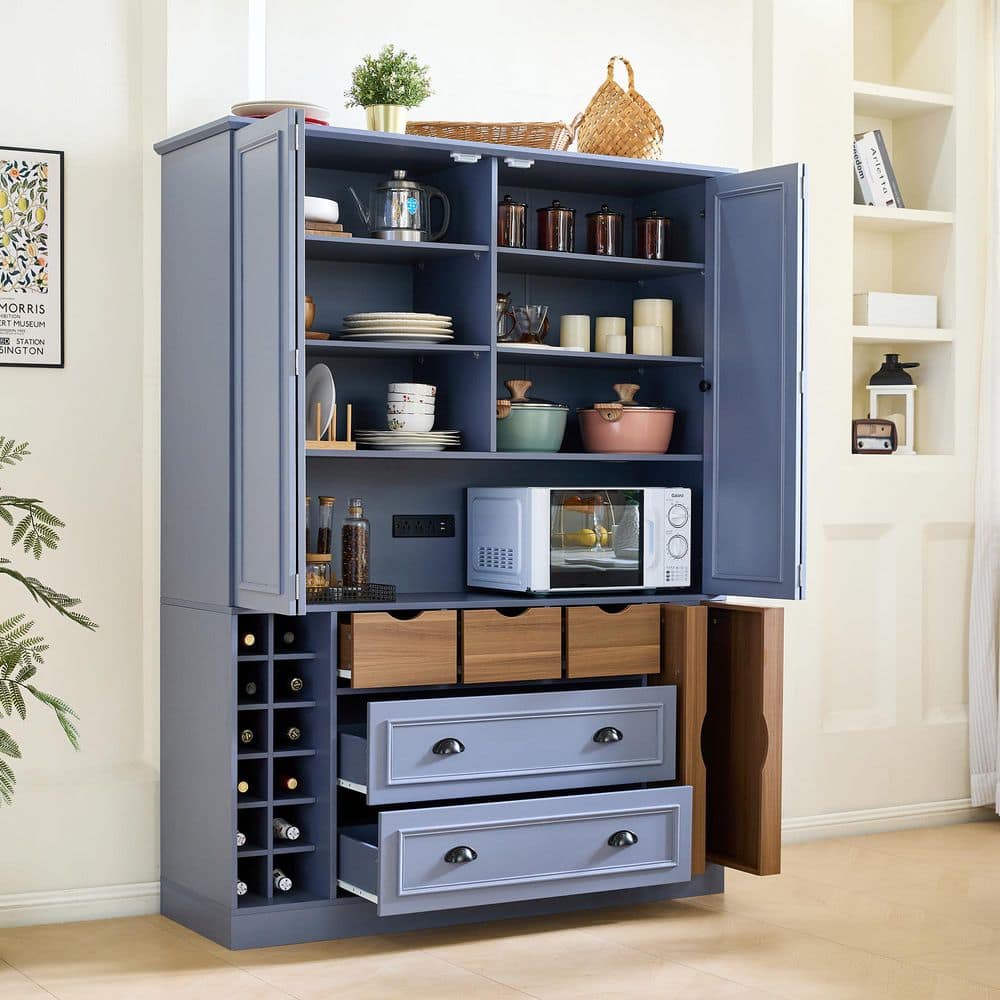 Gray MDF 71 in. H Storage Cabinet with Power Outlet, 4 Foldable Doors, Wine Rack, 5 Drawers and Adjustable Shelves