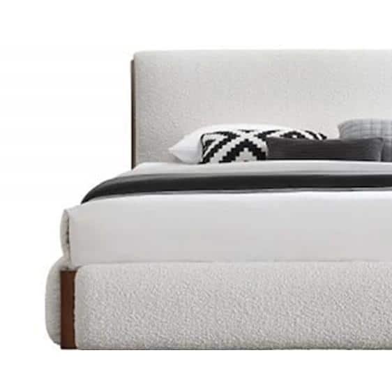 Sandro King White Boucle Upholstered Bed with Walnut Frame