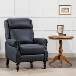 30 in. Midnight Blue Modern Genuine Leather Recliner Nailhead Trim Adjustable Push Back Recliner with Solid Wooden Legs
