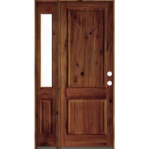 46 in. x 96 in. Rustic Knotty Alder Left-Hand/Inswing Clear Glass Red Chestnut Stain Wood Prehung Front Door w/Sidelite