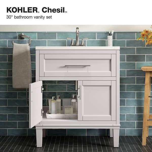 KOHLER Chesil 30in. Single Sink Freestanding Atmos Grey Bath Vanity with Bianco Bella Quartz Top Assembled