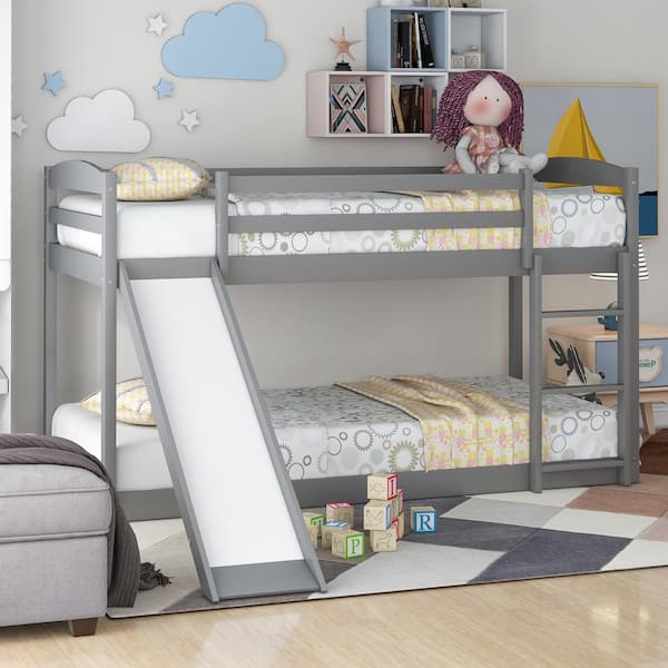 Harper & Bright Designs Gray Twin Bunk Bed Over Low with Slide and Ladder