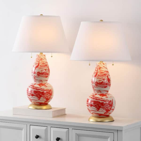 Color 28.5 in. Orange/White Swirl Glass Table Lamp with White Shade (Set of 2)