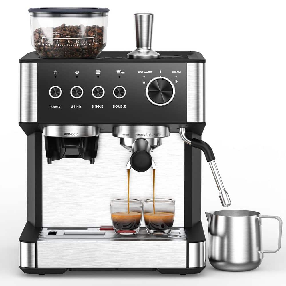Kismile 2-Cup Stainless Steel 15-Bar Espresso Machine with Grinder - The Home Depot
