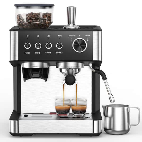 2- Cup Silver/Brushed Stainless Steel All in One 15 Bar Espresso Machine with Grinder and Powerful Steam Wand