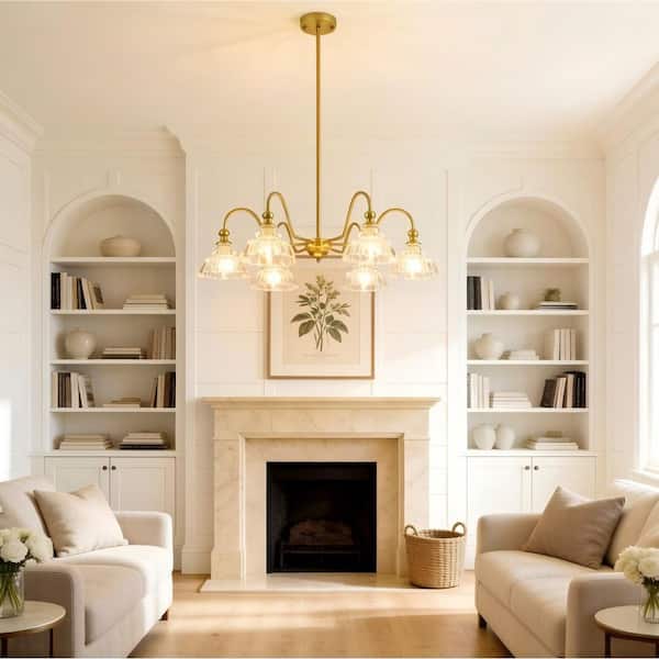 chandelier シェルフ JUSHENG 6-Light Gold Metal Chandelier with Scalloped Clear Glass