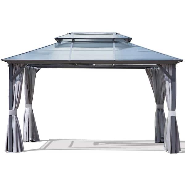 Zeus & Ruta 10 ft. x 13 ft. Patio Hardtop Gazebo with Double Roof, Netting and Curtains for Backyard Garden