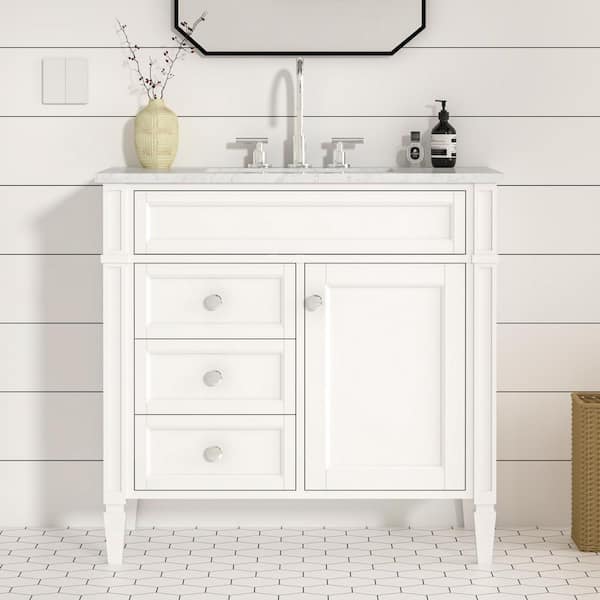 HOMEVY STUDIO Lydia 36 in. W x 21 in. D x 35 in. H Single Sink Freestanding Bath Vanity in Matte White with Carrara Marble Top