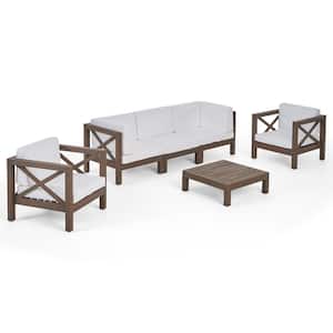 Brava Grey 6-Piece Wood Outdoor Patio Conversation Seating Set with White Cushions
