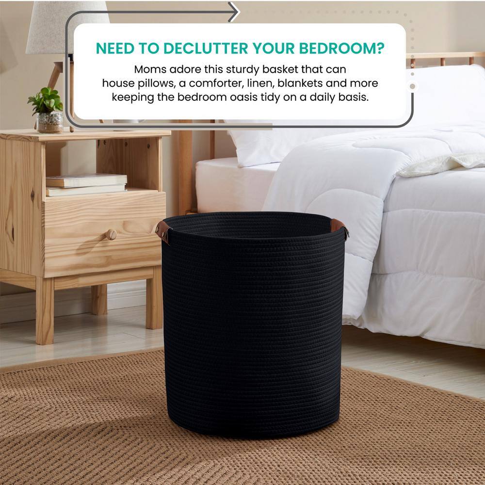 Large Black Cotton Rope Cylinder Laundry Hamper with Leather Handles