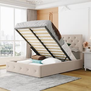 58.8 in. W Beige Full Size Linen Wood Frame Platform Bed with Hydraulic Storage System