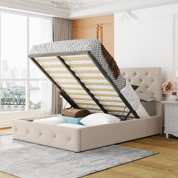 Harper & Bright Designs 58.8 in. W Beige Full Size Linen Wood Frame Platform Bed with Hydraulic Storage System