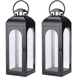 2-Piece 20 in. Large Metal Luxury Lanterns Decorative Black Metal Hurricane Lanterns With Clear Glass Panels