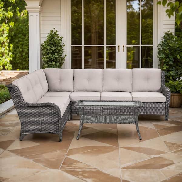 moosprr 3-Piece Gray Wicker Patio Conversation Set with Olefin Beige Cushions/L-Shaped Sofa with Tempered Glass Coffee Table