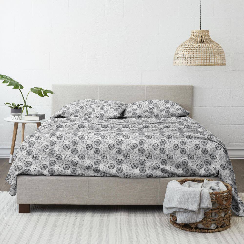 Gray Floral Deep Pocket Full Sheet Set with Pillowcases