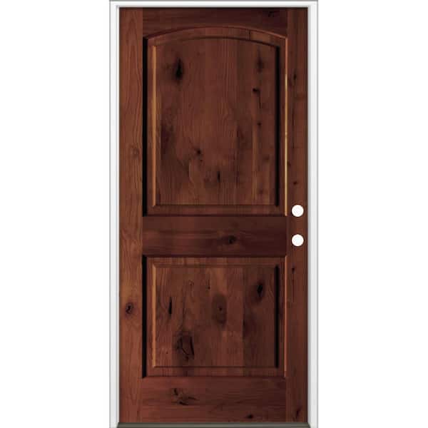 30 in. x 80 in. Rustic Knotty Alder 2-Panel Arch Top Left-Hand/Inswing BEHR Red Mahogany Stain Wood Prehung Front Door