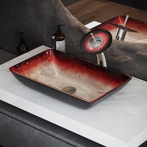 Cascade Glass Rectangular Vessel Sink with Faucet in Ember Red