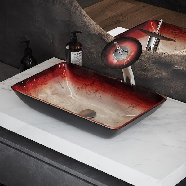 Swiss Madison Cascade Glass Rectangular Vessel Sink with Faucet in Ember Red