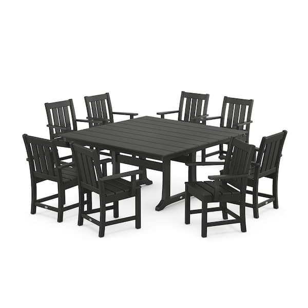 9-Piece Oxford Farmhouse Trestle Plastic Square Outdoor Dining Set in Black