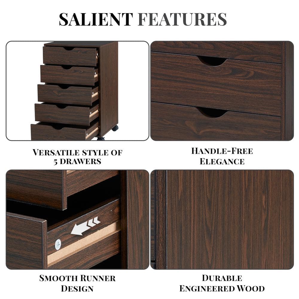Espresso Dark Wood 5-Drawer Mobile File Cabinet with Casters