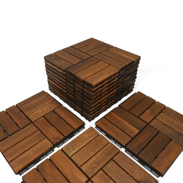 Unbranded 12 in. x 12 in. Brown Square Acacia Wood Patio Flooring Tiles Checker Pattern (Pack of 10 Tiles)