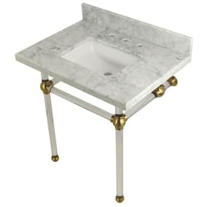 Square-Sink Washstand 30 in. Console Table in Carrara Marble with Acrylic Legs in Brushed Brass