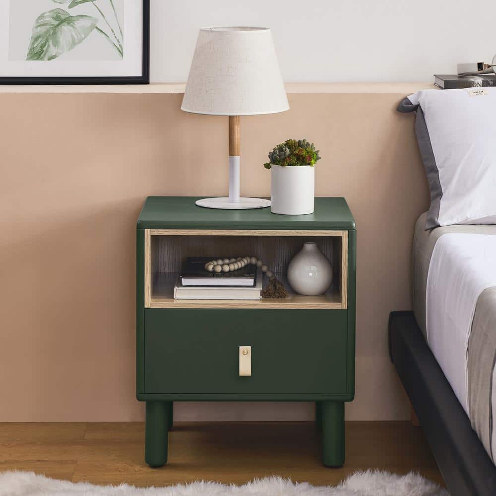 Modern Green 1-Drawer 18.9 in. W Wood Nightstand Compact Side Table with Op