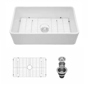 White Fireclay 33 in. Single Bowl Farmhouse Apron Workstation Kitchen Sink with Bottom Grid