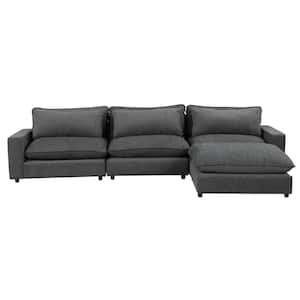 128 in. 4-Piece L Shaped Chenille Modern Sectional Sofa in Gray with Movable Ottoman, Charging Ports and Back Pillows