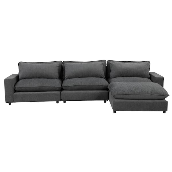 Nestfair 128 in. 4-Piece L Shaped Chenille Modern Sectional Sofa in Gray with Movable Ottoman, Charging Ports and Back Pillows