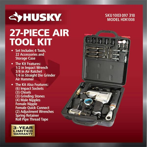 4-Pc Air Tool Kit With 1/2 in. Impact, 3/8 in. Ratchet, Die Grinder, Hammer, Sockets, Chisels, Grinding Stones -27 pcs