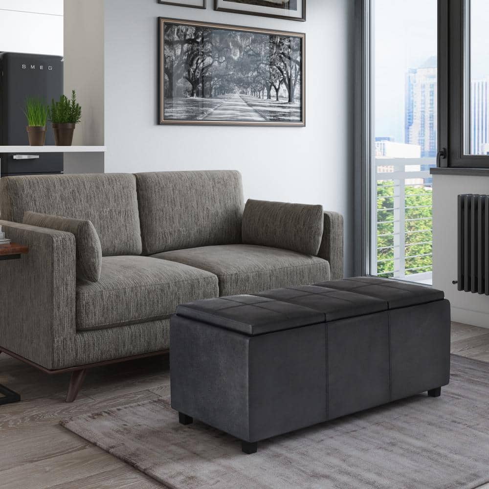 Avalon Distressed Black Faux Leather Large Storage Footstool with Tray