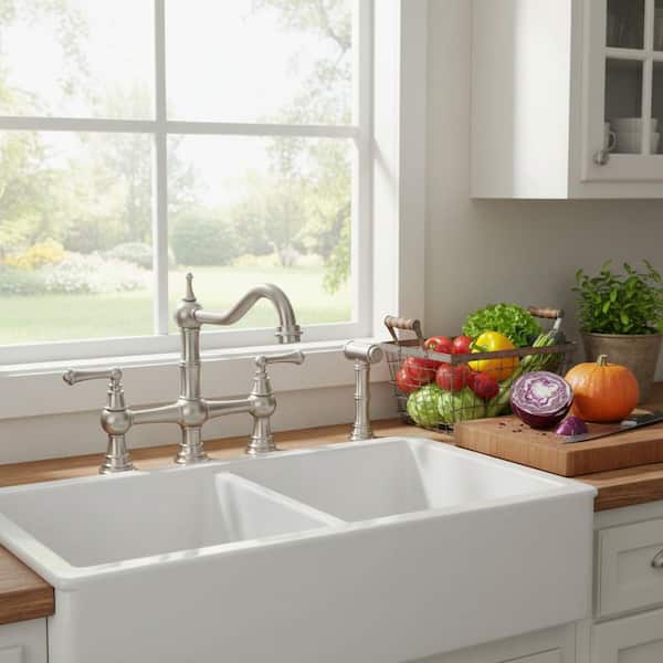 Antique Design Double Handle Bridge Kitchen Faucet with Side Sprayer in Brushed Nickel