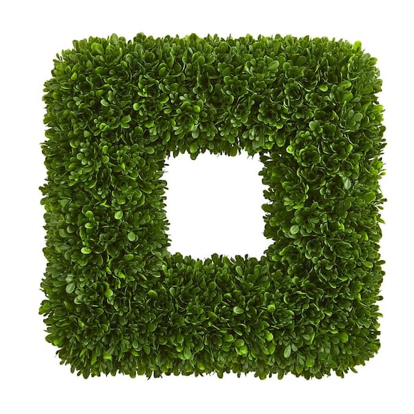 Nearly Natural Indoor/Outdoor 17 in. Artificial Tea Leaf Square Wreath UV Resistant