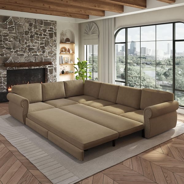 Oversize Convertible 118 in. Chenille Fabric Sectional Sofa in Camel with Nailhead Trim, Pull-out Sofa Sleeper