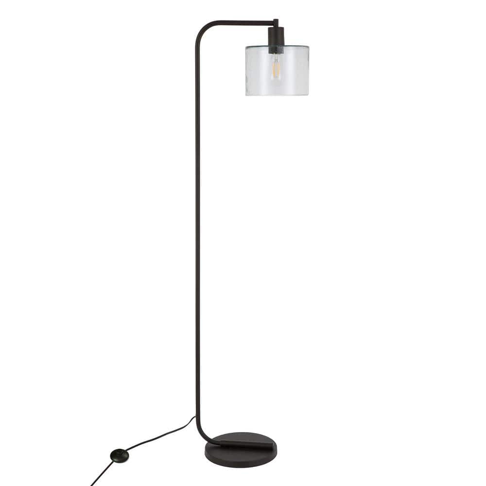 Bronzed Industrial Arc Floor Lamp with Seeded Glass Shade