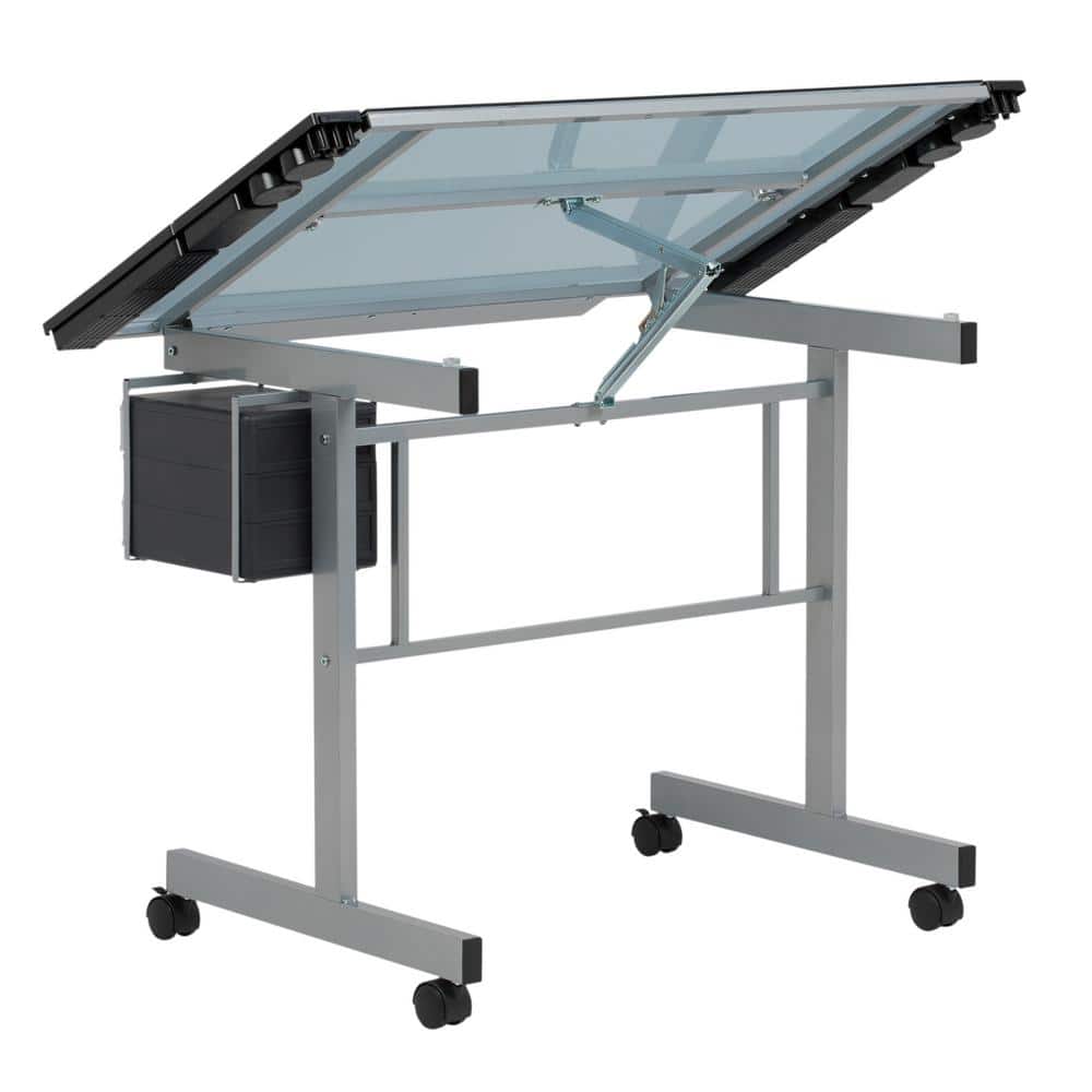 Silver-Blue Tempered Glass Craft & Drawing Desk with Adjustable Angle