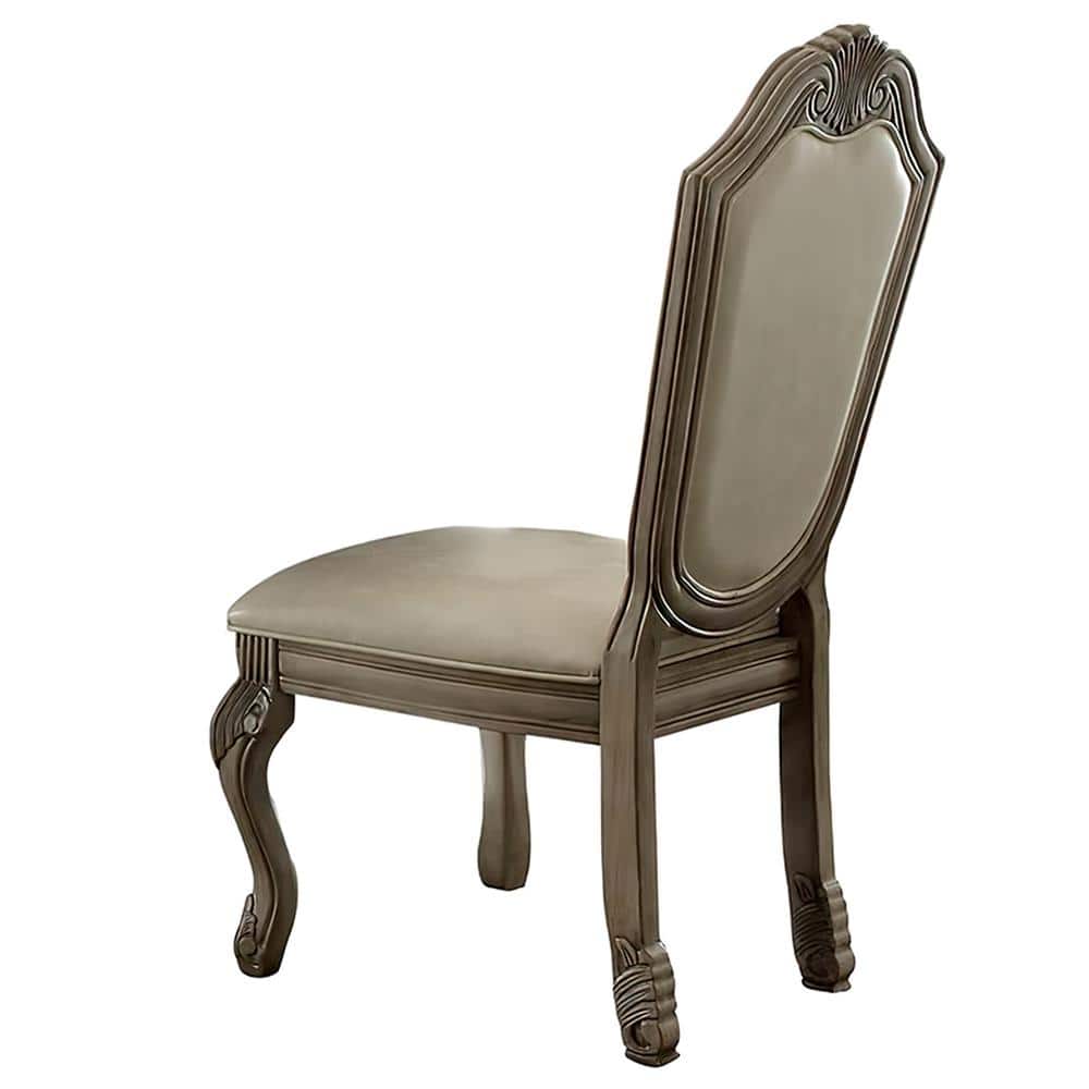 Antique White Upholstered Leather Side Chair with Wood Frame